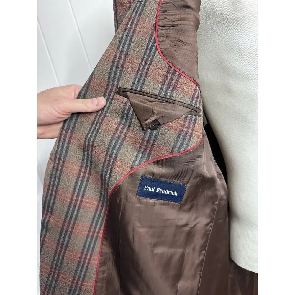 Paul Fredrick Multicolor Plaid Sport Coat Blazer - 48R - Olive Brown Elbow Patch